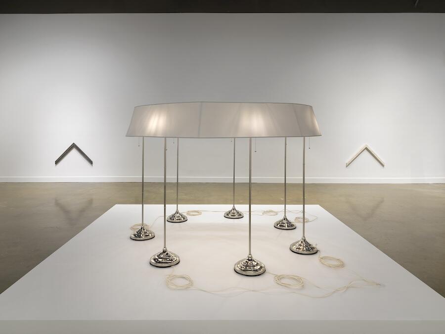 PROMESA, 2021  Lampshade, lamps, custom circuitry 501/2x89x89in.(128.3x226x226 cm)    Exhibition view: Carlos Reyes: 18, MIT List Visual Arts Center,  Cambridge, 2023. Photo: Dario Lasagni 