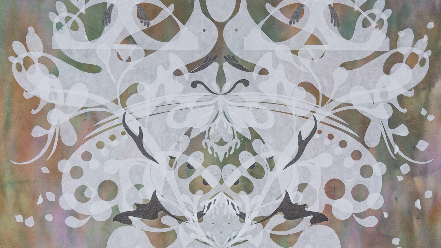 Haegue Yang Pale Paradisaeidae Humming Soul Sheet – Mesmerizing Mesh #243 (detail) 2024 Hanji, washi, origami paper on alu-dibond, framed 92 x 62 cm Courtesy of Kukje Gallery Photo: © Haegue Yang  